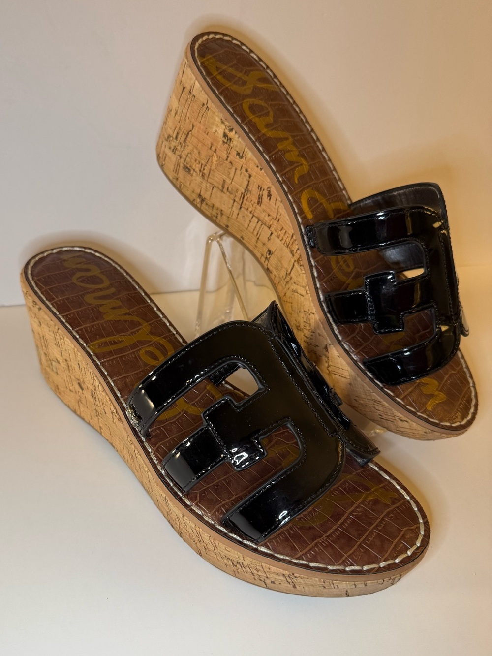 Sam Edelman Black Patent Cork Wedge Slide Sandals